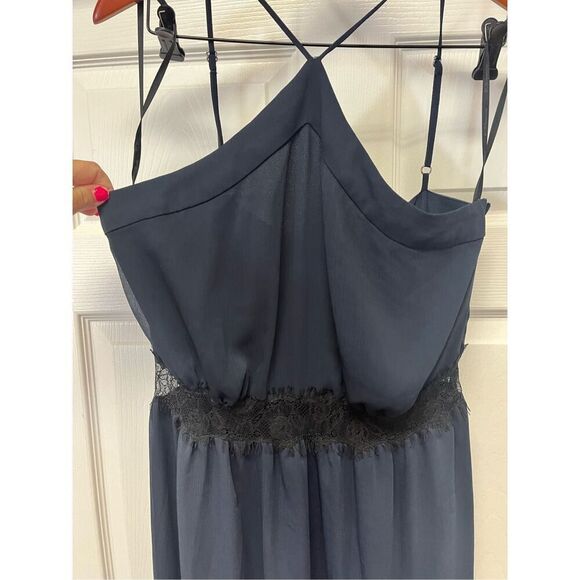 BCBGENERATION Navy Chiffon Black Lace Waist Halter Maxi Dress Gown sz 12 EUC - Picture 1 of 8